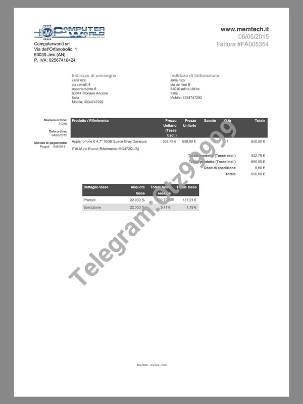 欧盟|Italy Computerworld Sales Invoice意大利购物账单/KYC地址证明pdf模板
