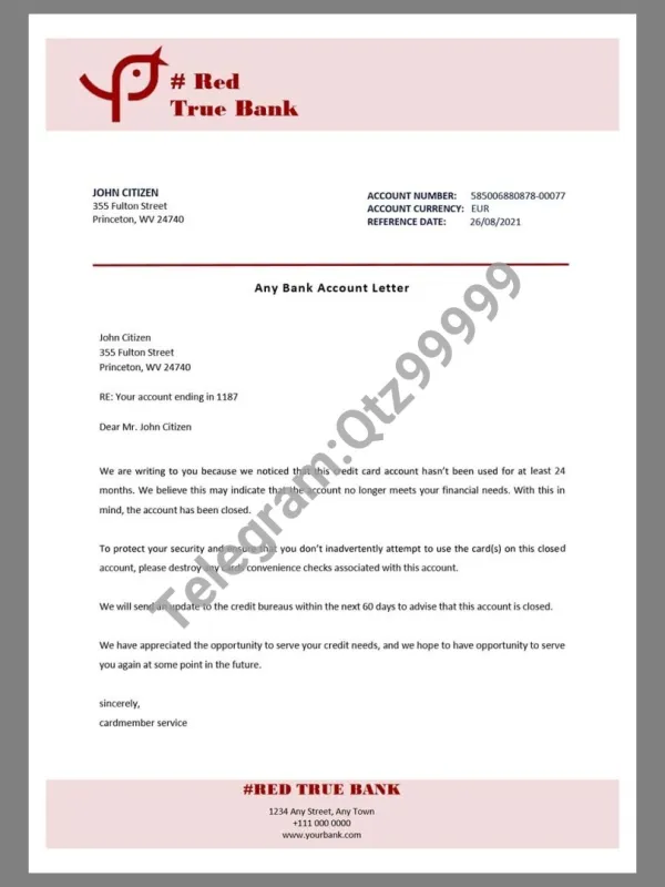 Red True Bank Statement银行账单/KYC地址证明pdf/word模板