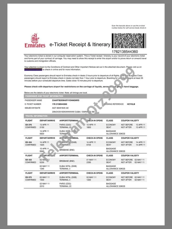 中东|UAE阿联酋航空Emirates E-Ticket账单KYC地址证明pdf模板