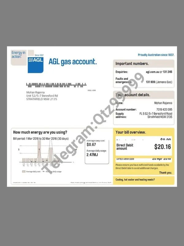 澳洲|Australia澳大利亚AGL Gas Utility Bills水电费账单/KYC地址证明pdf模板