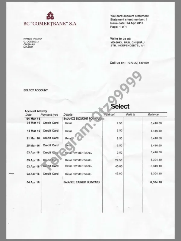 东欧|Comertbank MDA Statement银行账单/KYC地址证明psd模板