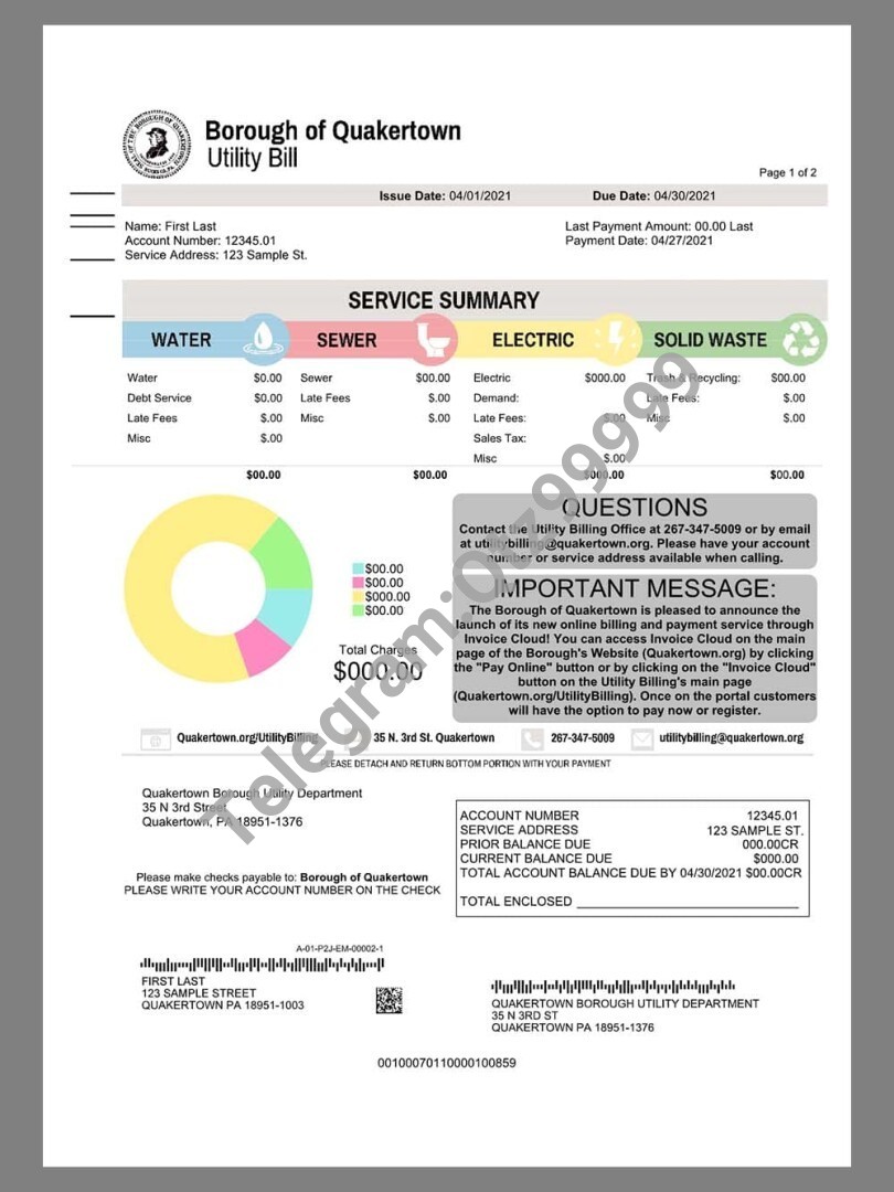 美国USA Pennsylvania Quakertown Energy Utility Bills水电费账单/KYC地址证明pdf模板 高清原件/PDF/PSD下载 - 地址证明风控解除