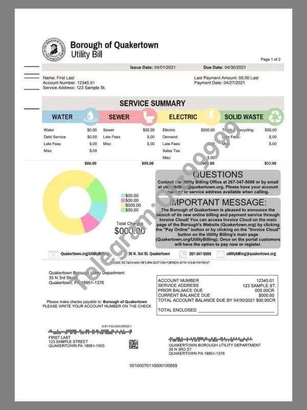 美国USA Pennsylvania Quakertown Energy Utility Bills水电费账单/KYC地址证明pdf模板
