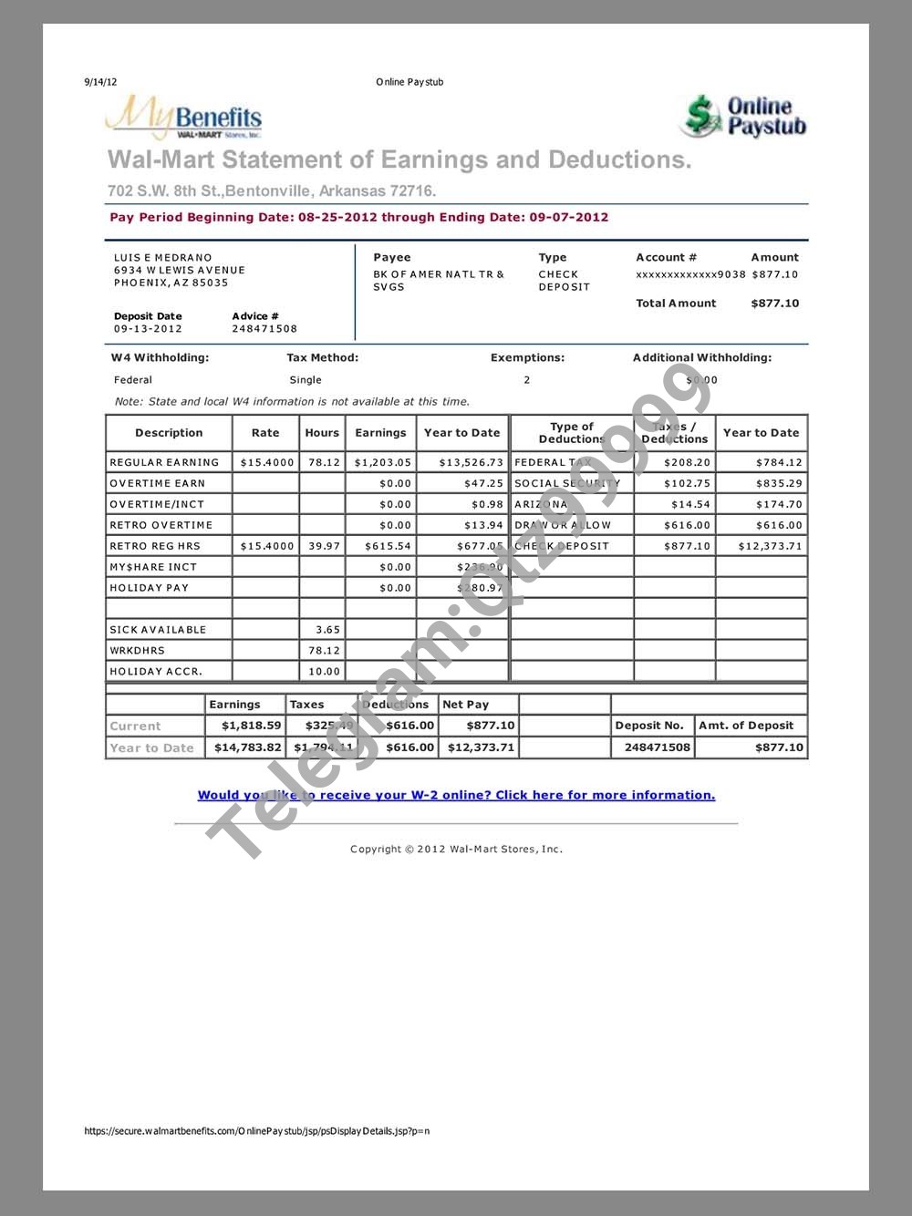 Walmart Paystub template沃尔玛工作收入证明/工资账单PDF模板