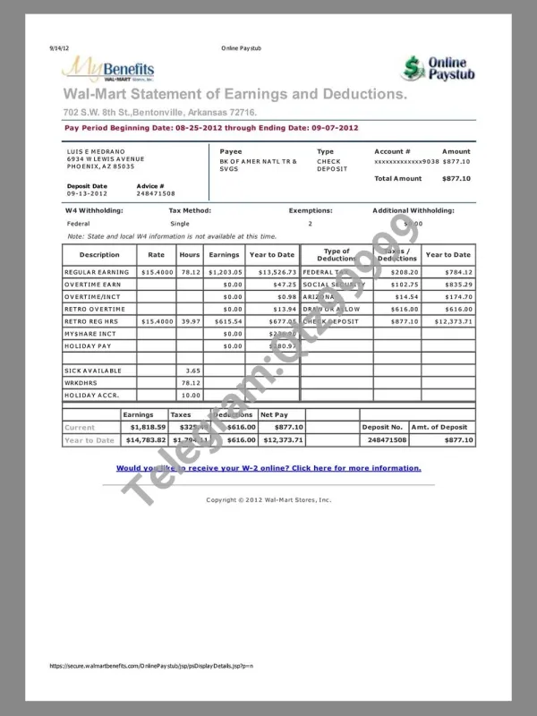 Walmart Paystub template沃尔玛工作收入证明/工资账单PDF模板