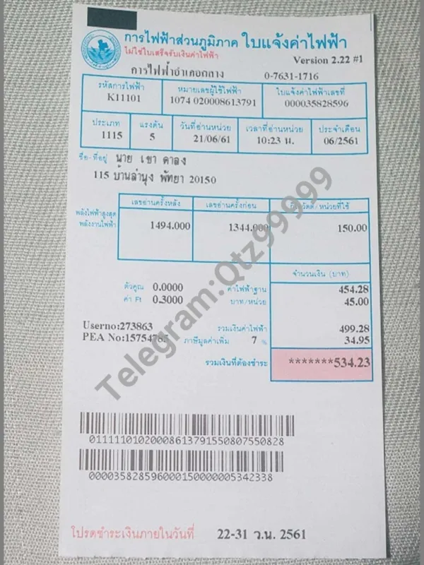 东南亚|泰国Thailand Electricity Utility Bills水电费账单/KYC地址证明psd模板 V1