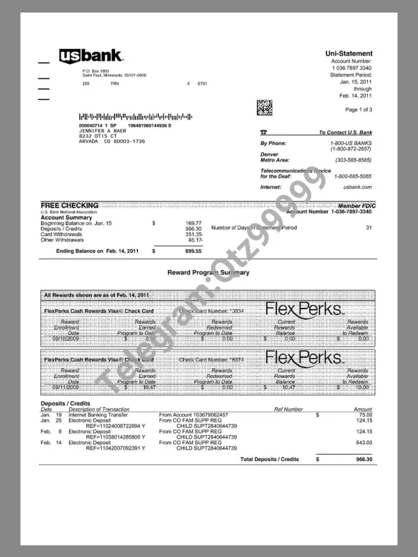 US Bank Stements & Rewards template美国银行存款收入证明PDF模板