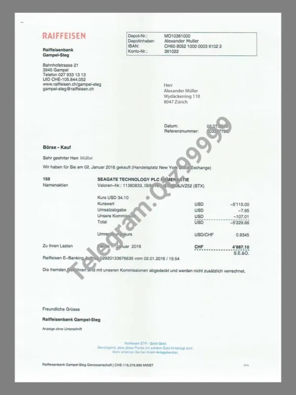 欧盟|Switzerland瑞士Raiffeisen银行账单/KYC地址证明psd模板