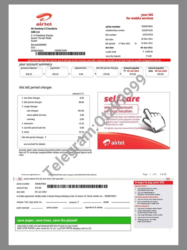 南亚|India Airtel Mobile Invoice印度话费账单pdf模板