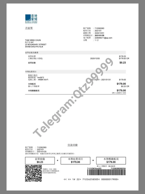 China| Hong Kong Internet Bill(HKBN)香港宽带网费账单pdf模板