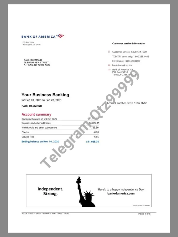USA美国|加拿大 Bank Of America Statement V4银行账单/KYC地址证明word/pdf模板