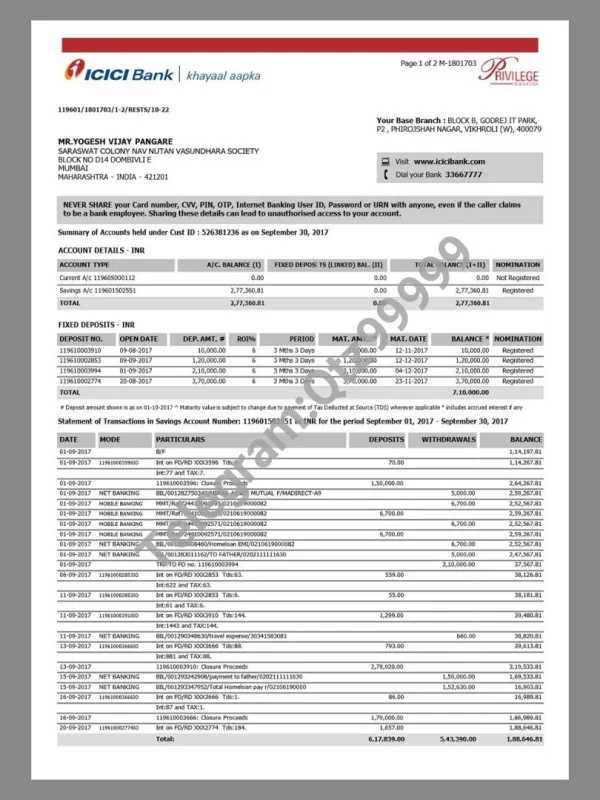 南亚|印度India ICICI Bank Statement银行账单/KYC地址证明word/pdf模板