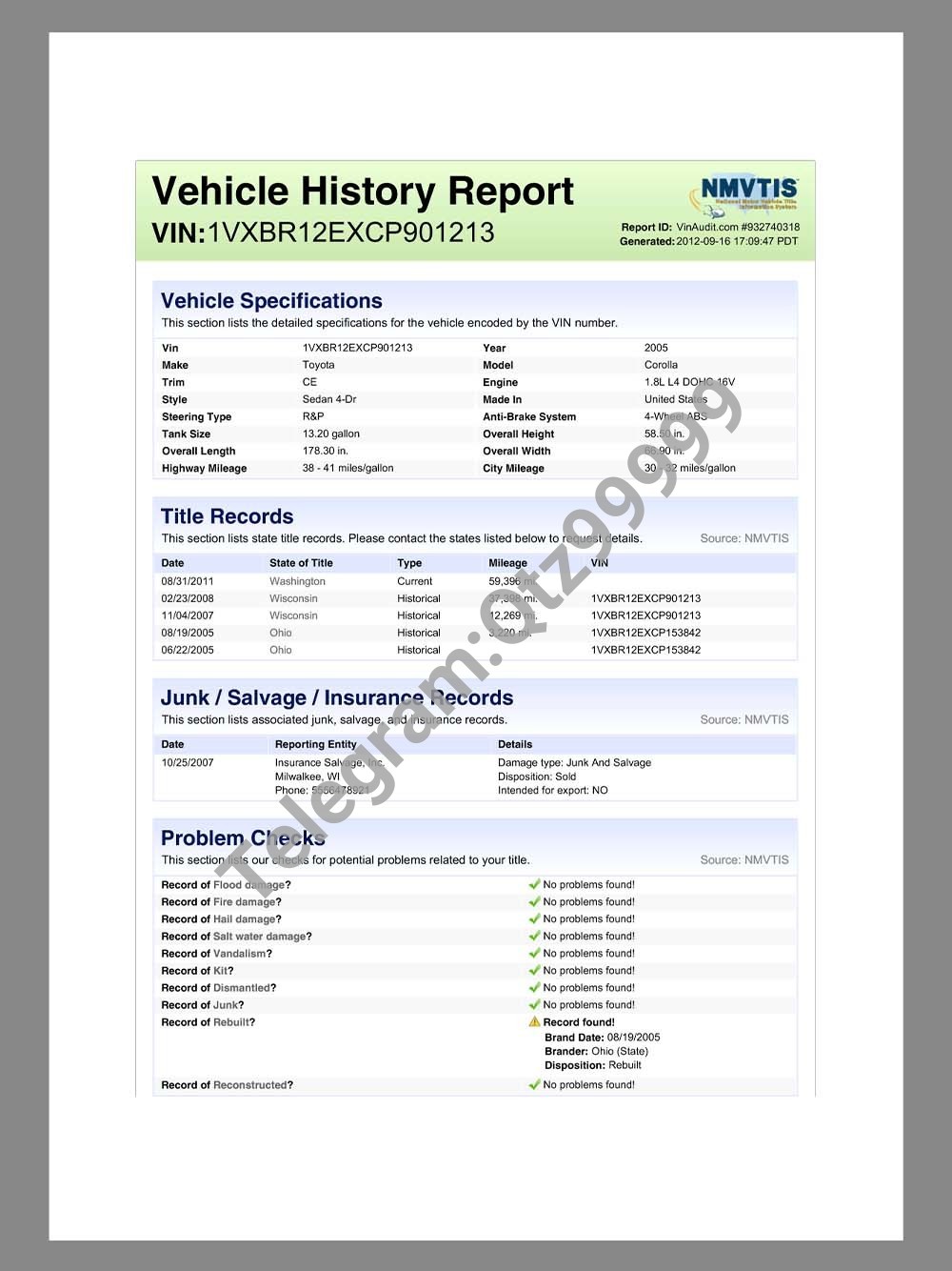 USA Vehicle History Report(VIN Report)美国车辆历史报告pdf模板（V2）