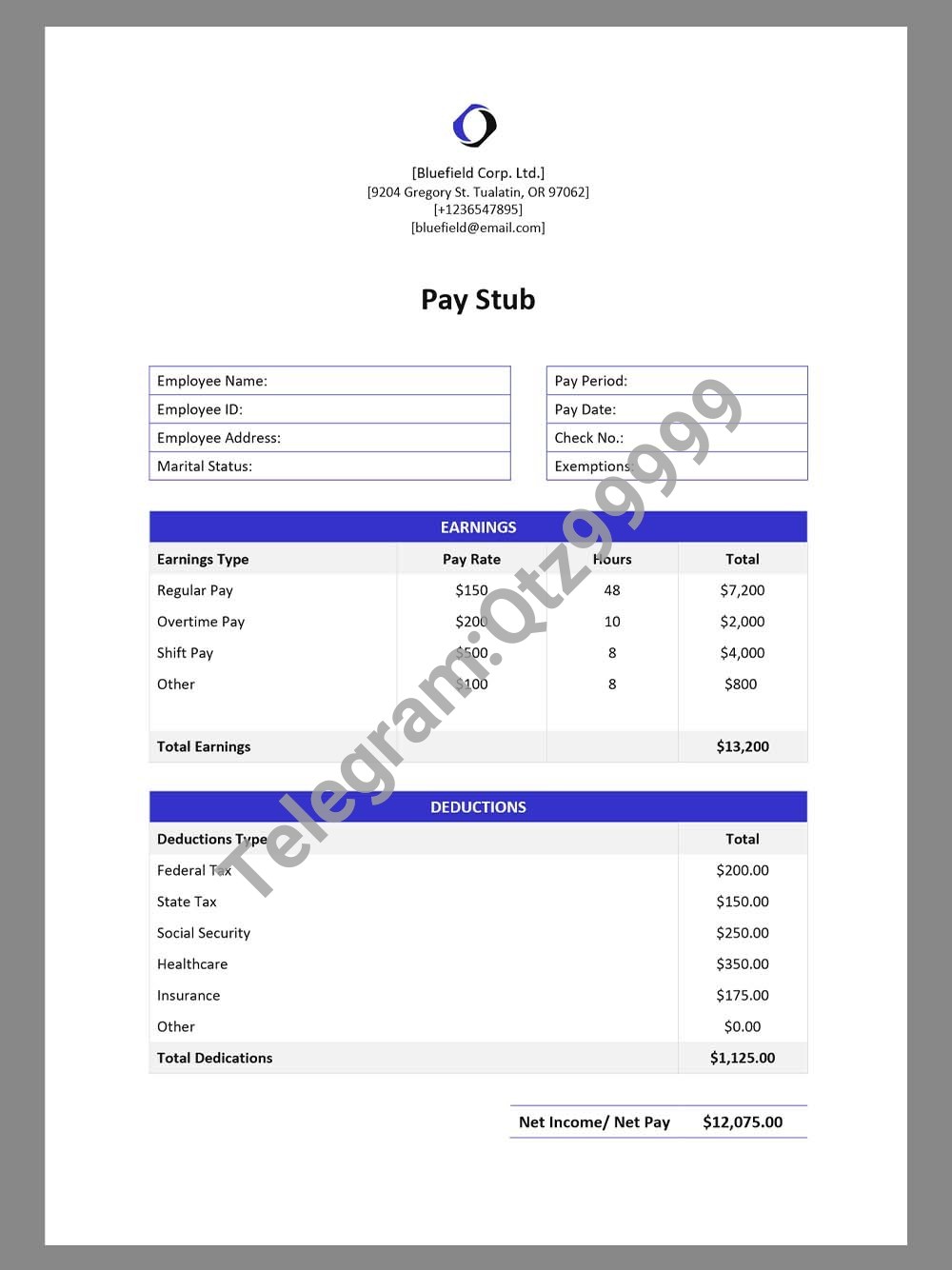 Bluefield Corp Paystub template电子公司收入证明/工资账单Word模板 高清原件/PDF/PSD下载 - 地址证明风控解除