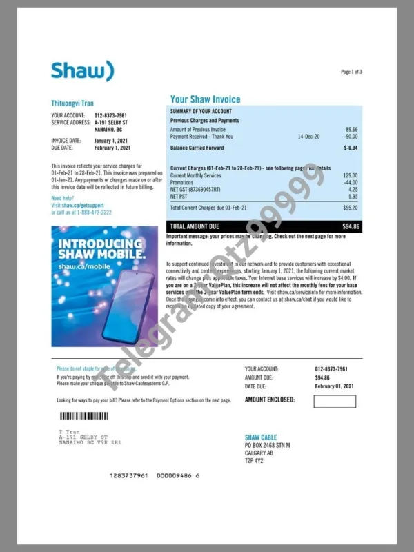 北美|Canada Shaw Mobile Invoice加拿大话费/水电费账单word/pdf模板