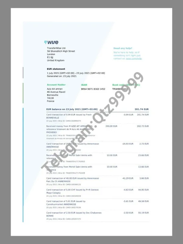Transferwise/Wise EUR Balance Statement银行账单/KYC地址证明word模板