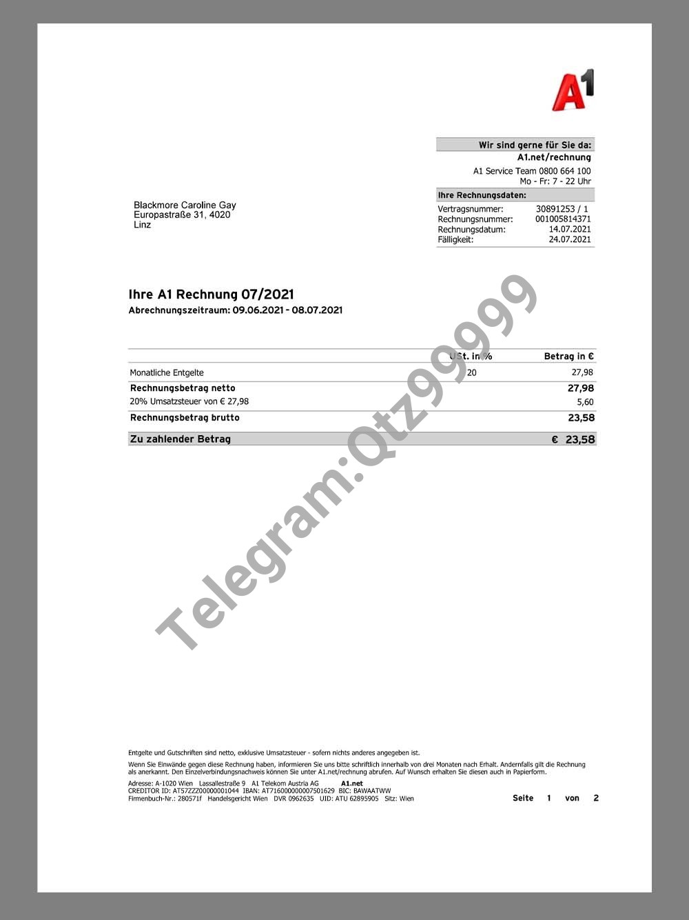 Austria A1 Telekom Phone Utility Bill奥地利话费账单pdf模板
