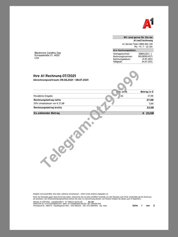 Austria A1 Telekom Phone Utility Bill奥地利话费账单pdf模板