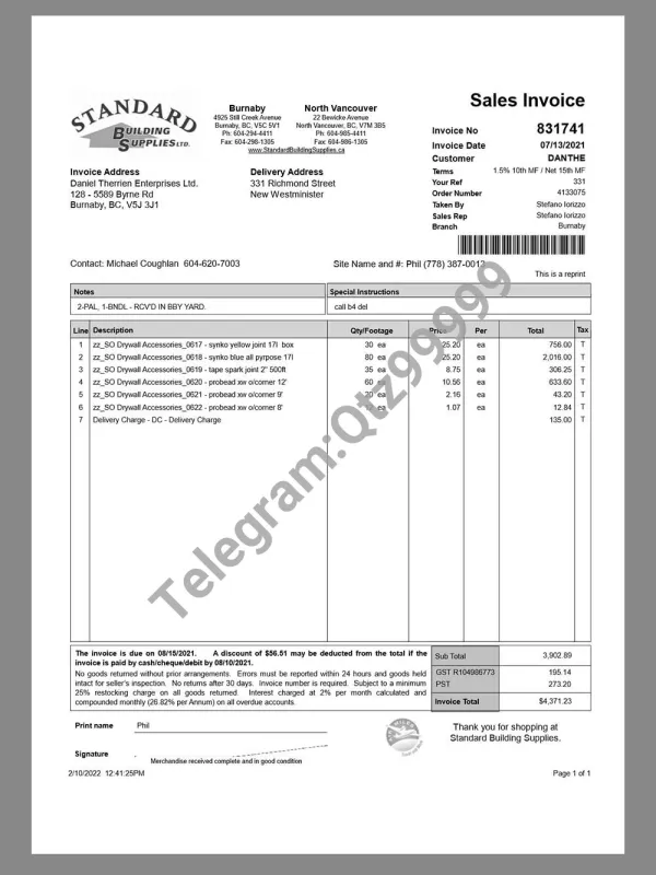 Canada Standard Building Supplies Sales Invoice加拿大建材公司销售账单pdf&word模板