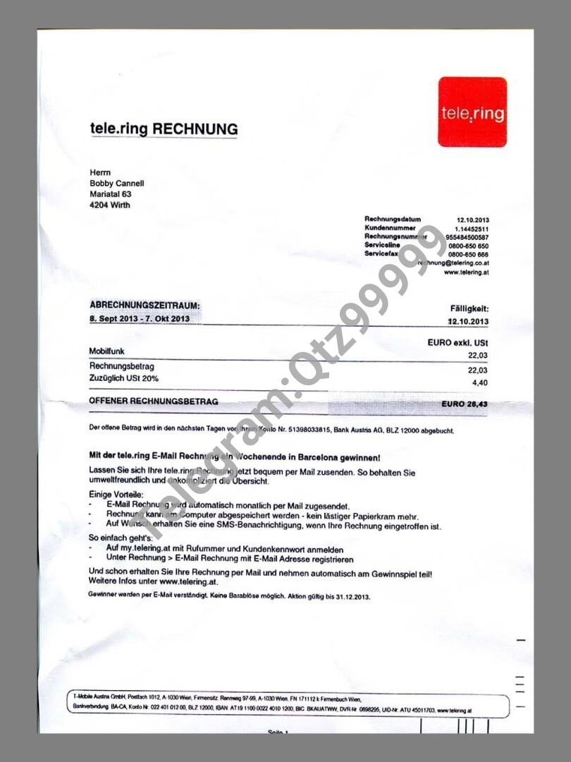 欧盟|奥地利|德国Germany Tele.ring mobile invoice话费水电费账单/KYC地址证明psd模板