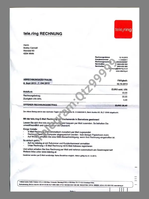 欧盟|奥地利|德国Germany Tele.ring mobile invoice话费水电费账单/KYC地址证明psd模板