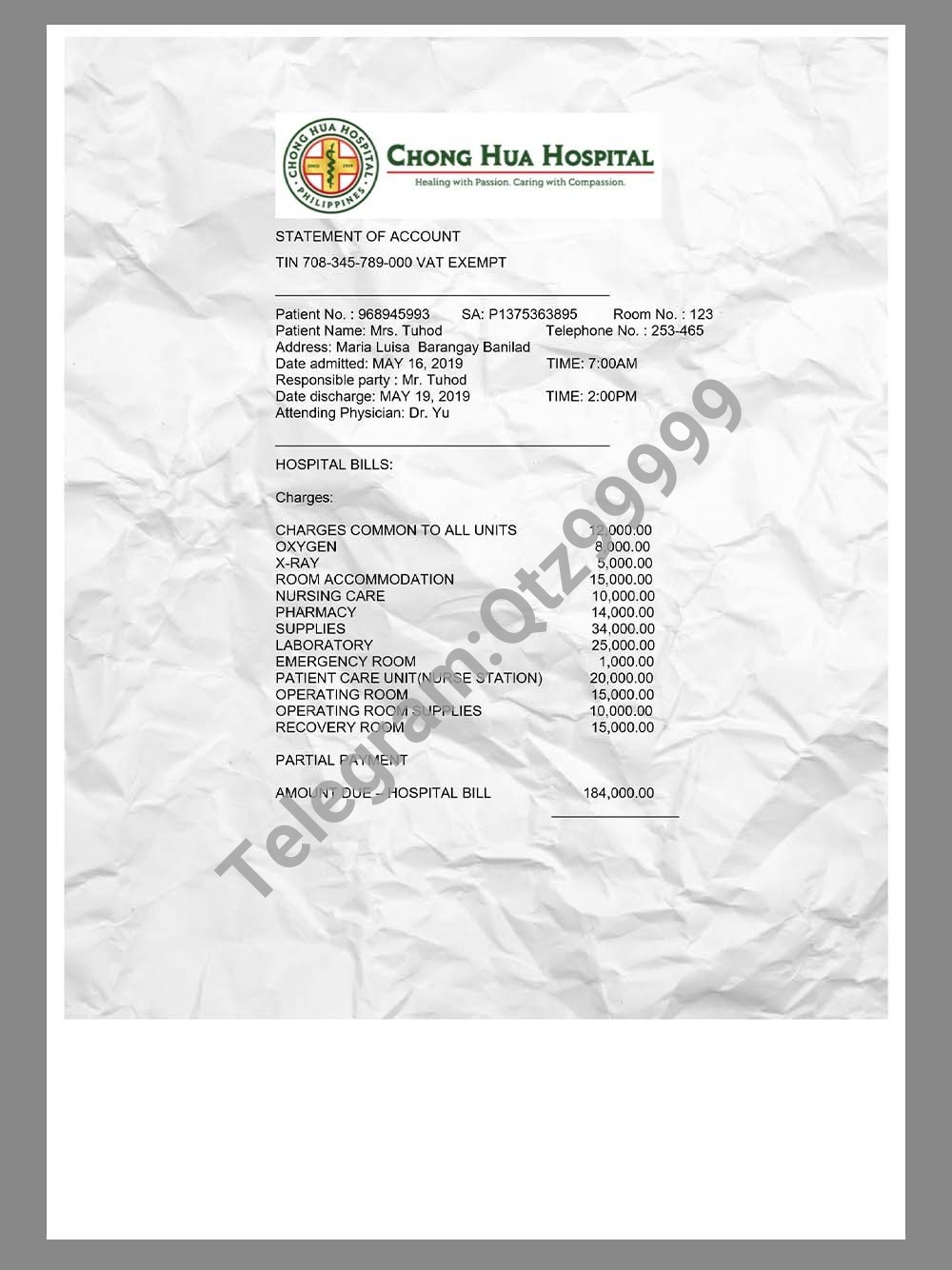 东南亚|Philippines Chong Hua Hospital Invoice菲律宾重华医院账单word模板