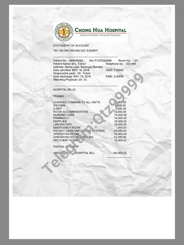 东南亚|Philippines Chong Hua Hospital Invoice菲律宾重华医院账单word模板