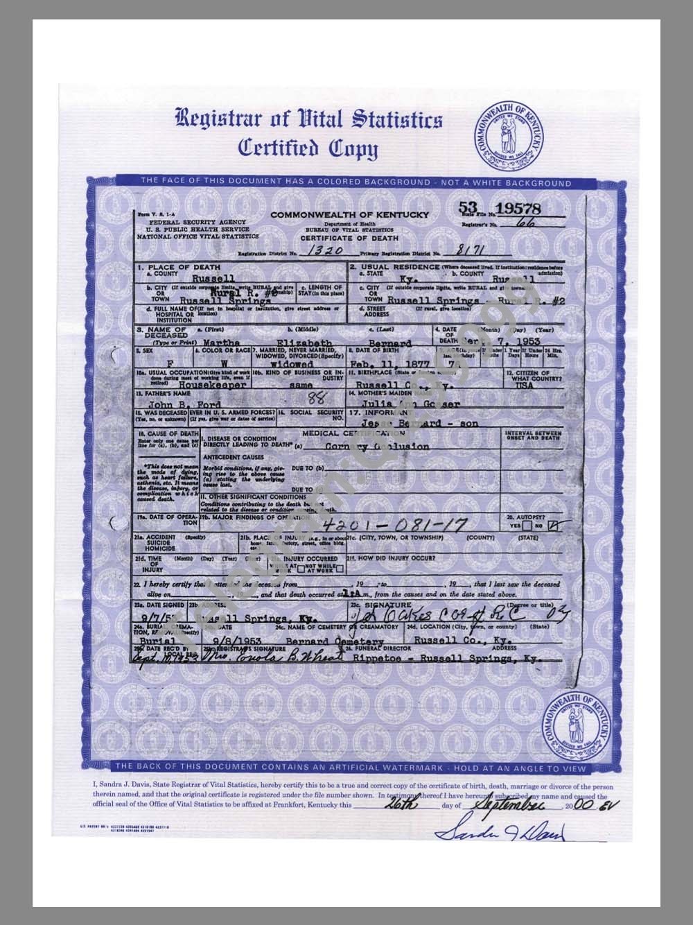 USA Kentucky Death Certificate美国肯塔基州死亡证明pdf模板 高清原件/PDF/PSD下载 - 地址证明风控解除