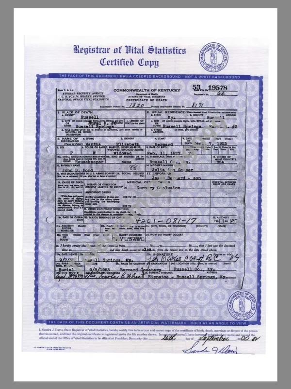 USA Kentucky Death Certificate美国肯塔基州死亡证明pdf模板