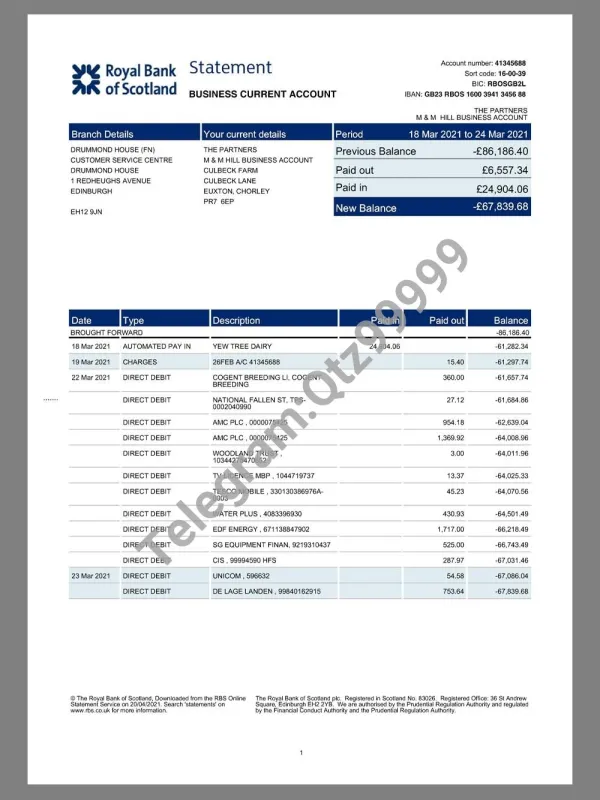 UK Royal Bank of Scotland(RBS) Business Statement英国公司银行账单pdf模板