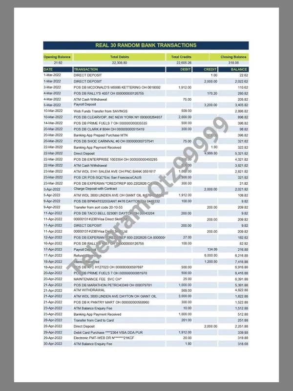 Random Bank Transactions银行交易流水pdf & excel模板