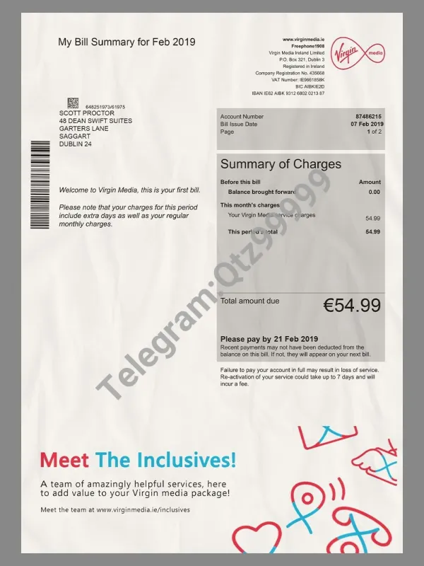 欧盟|Ireland Virgin Media Telecom Invoice英国维珍电信/话费账单PS/PSD模板