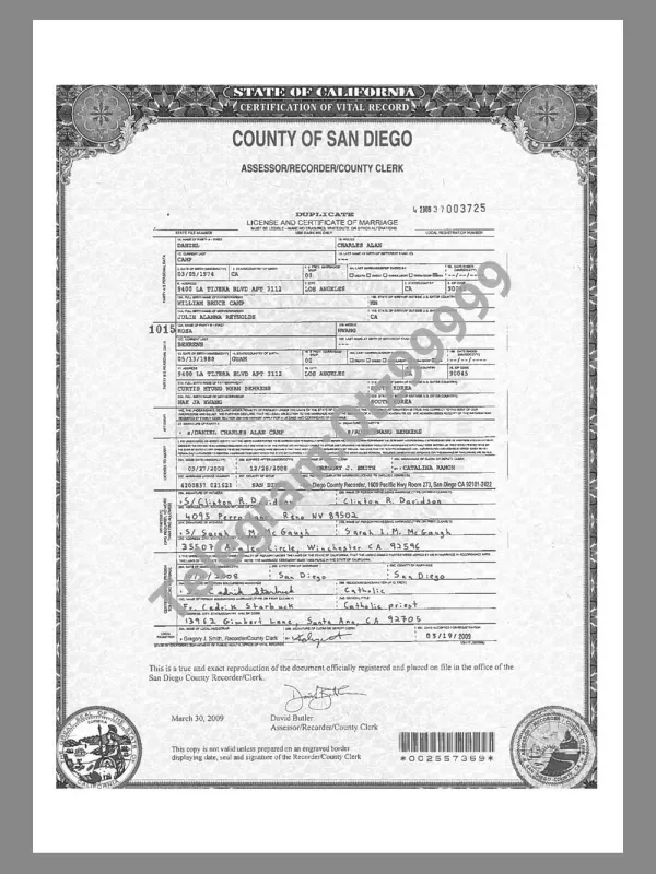 USA California Marriage Certificate美国加州结婚证PDF模板（V1）
