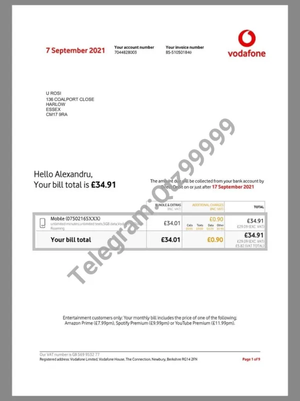 Vodafone Telecom Invoice网费/话费账单/KYC地址证明pdf模板