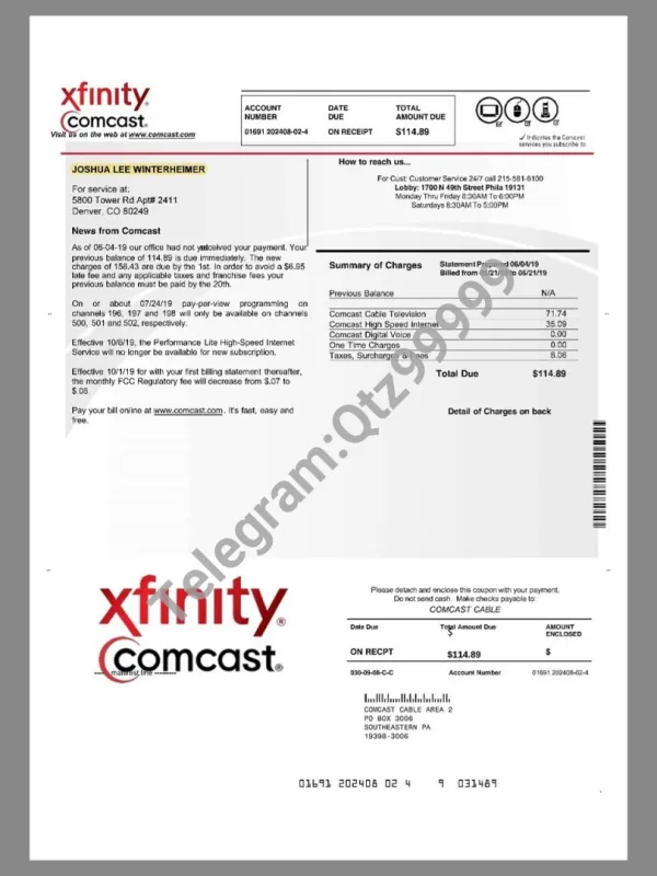 USA Xfinity Comcast Invoice美国无线通信电视/宽带/话费账单pdf模板