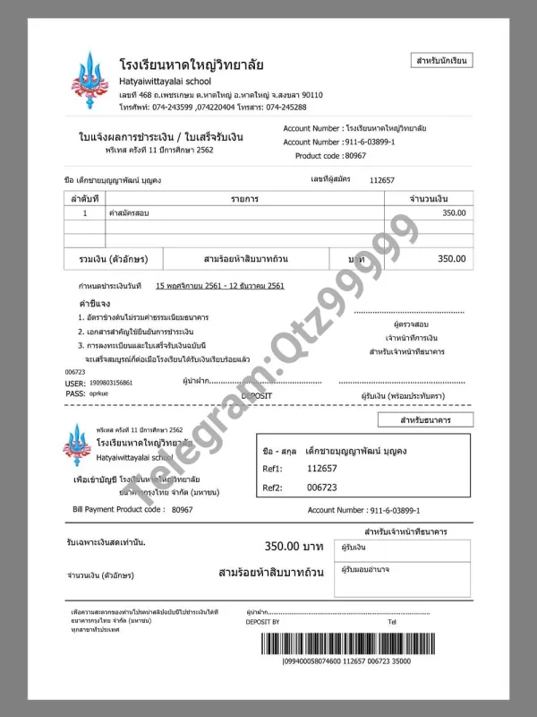 东南亚| Thailand School Tuition Invoice泰国学费账单pdf模板