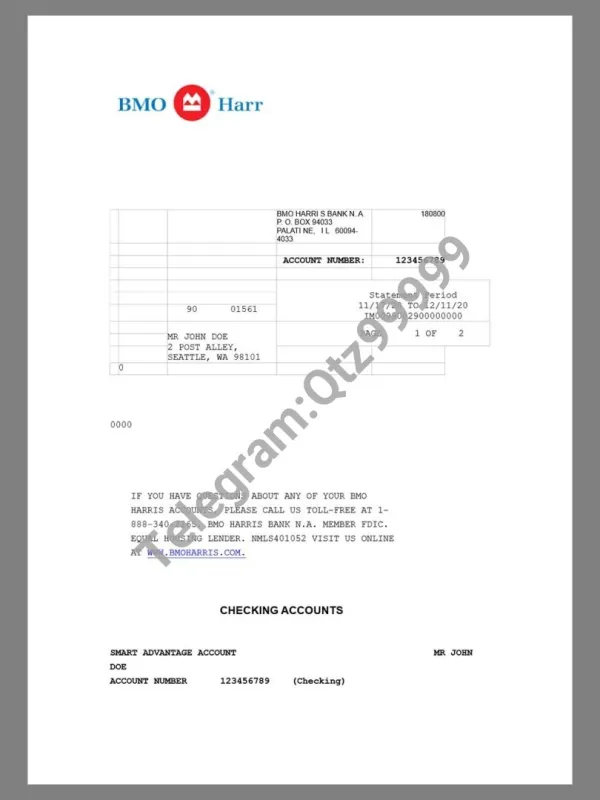 美国BMO Harris Bank Statement银行账单/KYC地址证明word模板