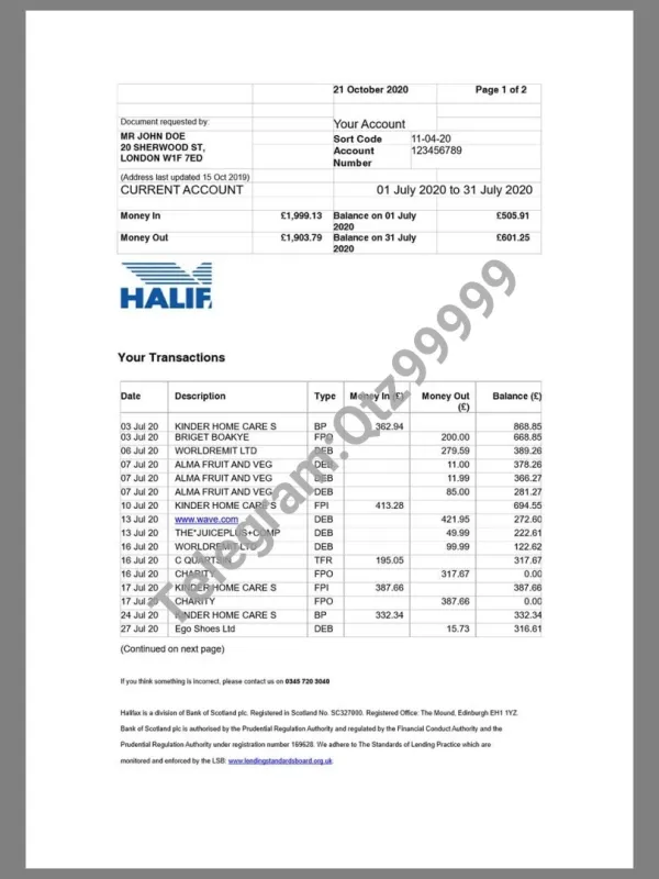 英国Halifax Bank Statement银行账单 KYC地址证明wor预览图