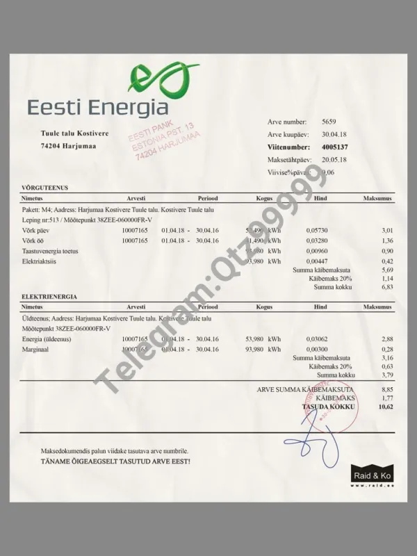 东欧|Estonia Eesti Energia  Utility Bills爱沙尼亚水电费账单psd模板