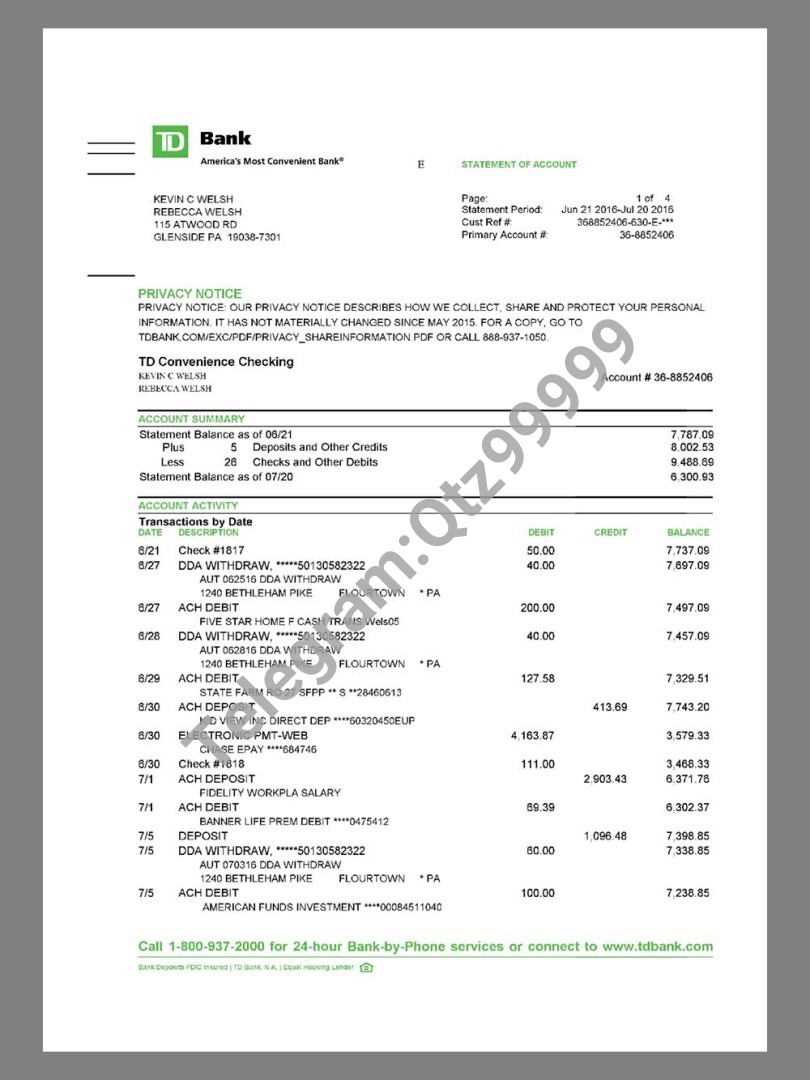美国TD Bank Statement银行账单/KYC地址证明pdf模板 高清原件/PDF/PSD下载 - 地址证明风控解除