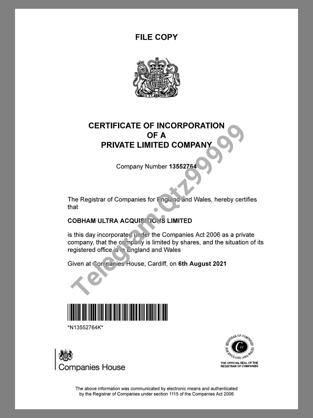 UK/England Company Certificate英国营业执照pdf模板(V1) 高清原件/PDF/PSD下载 - 地址证明风控解除