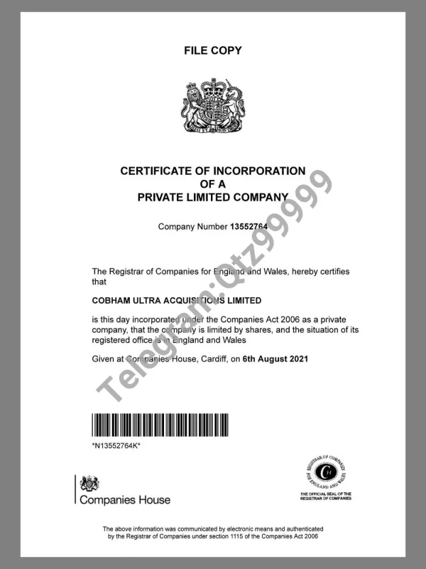 UK/England Company Certificate英国营业执照pdf模板（V1）