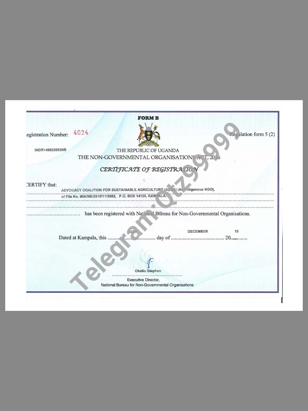 非洲|Uganda Certificate Of Registration乌干达企业/非盈利组织登记证pdf模板 高清原件/PDF/PSD下载 - 地址证明风控解除