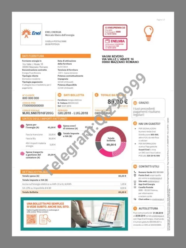 欧盟|意大利Italy Enel Electricity Utility Bills水电费账单/KYC地址证明psd模板