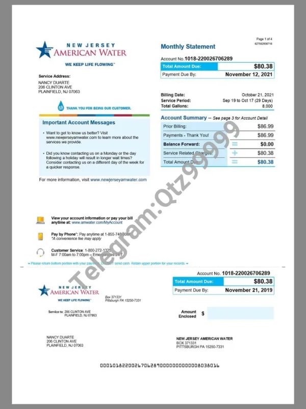 USA New Jersey American Water Utility Bill美国新泽西水电费账单word/pdf模板
