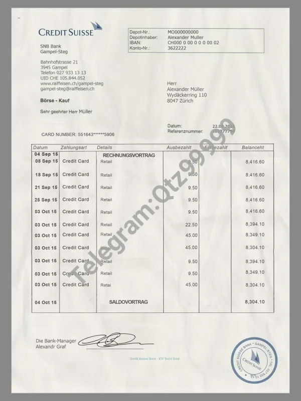 Credit Suisse Bank Statement瑞士信贷银行账单/KYC地址证明psd模板