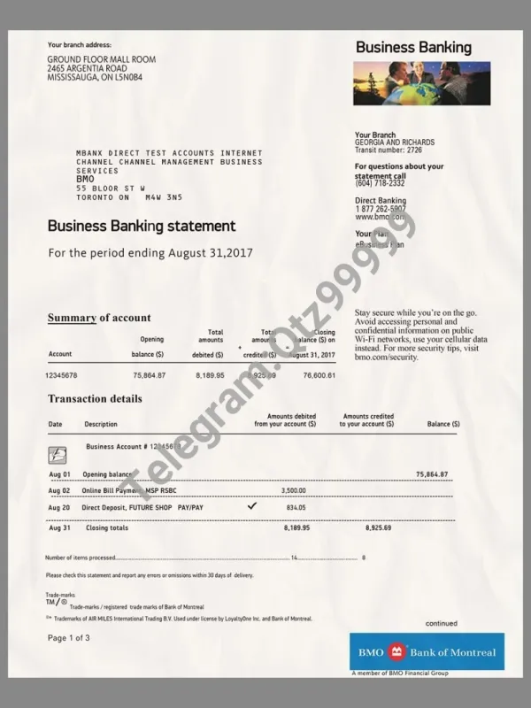 加拿大 Bank of Montreal Statement银行账单/KYC地址证明psd模板
