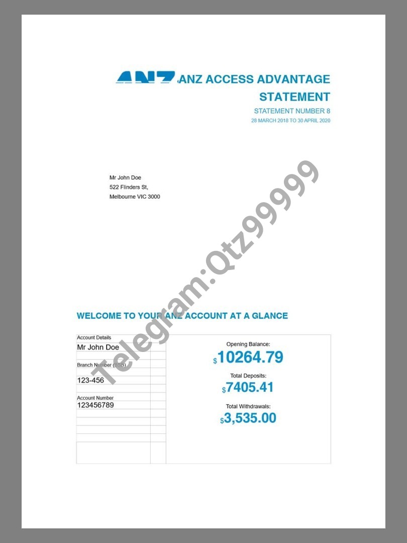 澳大利亚|ANZ Bank Statement银行账单/KYC地址证明word模板