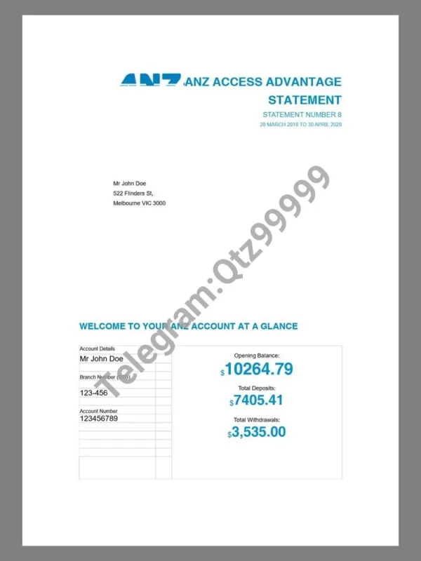 澳大利亚|ANZ Bank Statement银行账单/KYC地址证明word模板