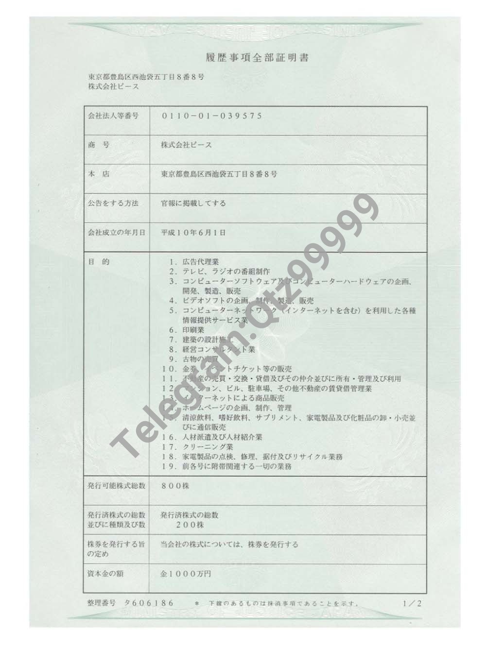 Japan Company Certificate日本公司营业执照pdf模板